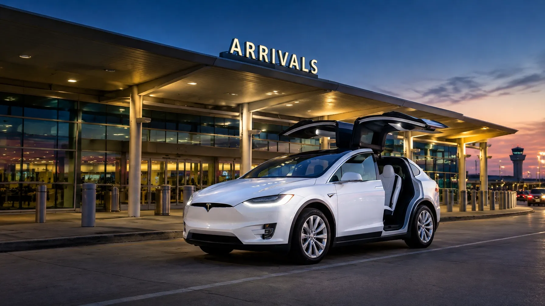 White Tesla Model X waiting outside an airport arrivals terminal at dusk